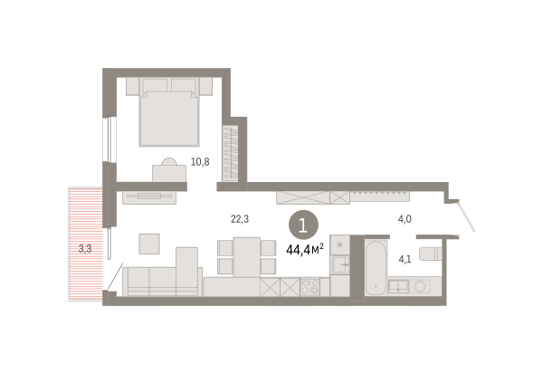 Новая 1-к квартира
 44.38 м² на 6/8 этаже в ЖК «Северный квартал» в городе Тюмень 