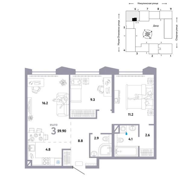 Новая 3-к квартира
 59.9 м² на 29/30 этаже в ЖК «Страна.Озёрная» в городе Тюмень 