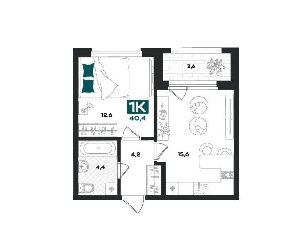 Новая 1-к квартира
 40.4 м² на 11/23 этаже в ЖК «Добро» в городе Тюмень 