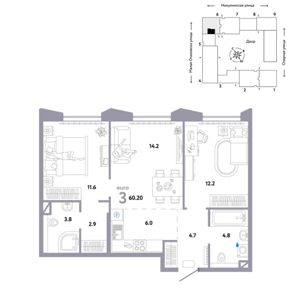 Новая 3-к квартира
 60.2 м² на 25/30 этаже в ЖК «Страна.Озёрная» в городе Тюмень 