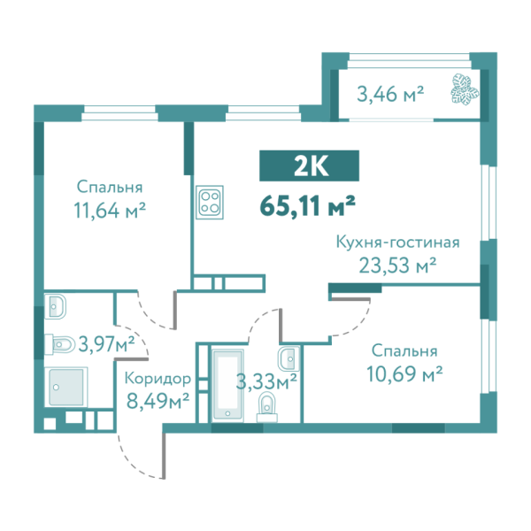 Новая 2-к квартира
 65.11 м² на 7/10 этаже в ЖК «Акватория» в городе Тюмень 