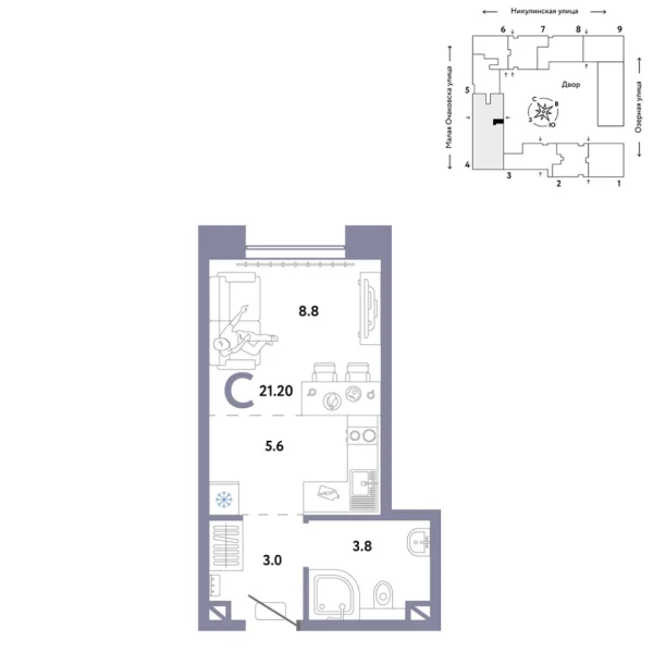 Новая квартира-студия
 21.2 м² на 2/30 этаже в ЖК «Страна.Озёрная» в городе Тюмень 