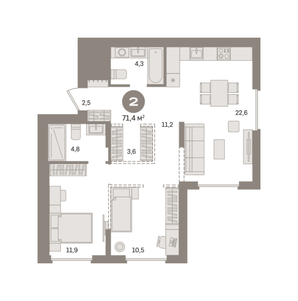 Новая 2-к квартира
 71.44 м² на 17/17 этаже в ЖК «Первый квартал» в городе Тюмень 