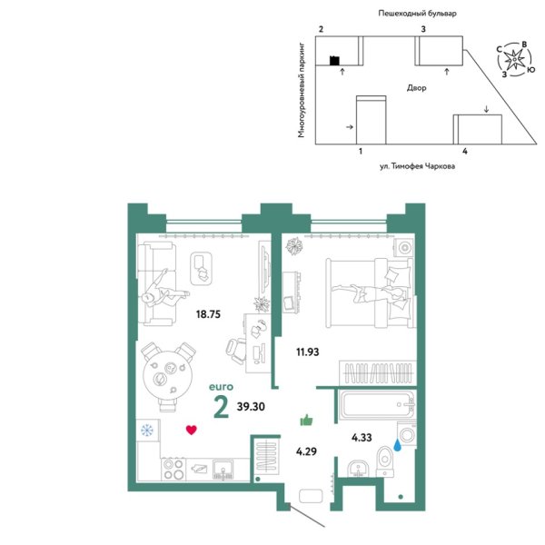 Новая 2-к квартира
 39.3 м² на 20/31 этаже в ЖК «Звёздный» в городе Тюмень 