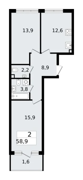 Новая 2-к квартира
 59 м² на 1/12 этаже в ЖК «А101 Всеволожск» в городе Тюмень 