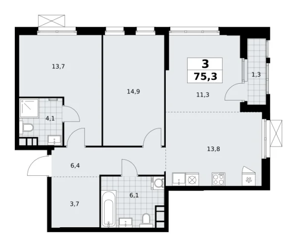 Новая 3-к квартира
 75.3 м² на 14/24 этаже в ЖК «Южные сады» в городе Тюмень 