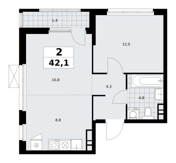 Новая 2-к квартира
 42.1 м² на 21/30 этаже в ЖК «Южные сады» в городе Тюмень 