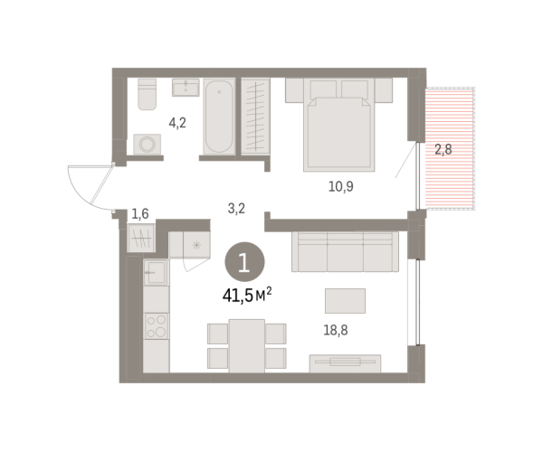 Новая 1-к квартира
 41.54 м² на 2/8 этаже в ЖК «Шишимская горка» в городе Тюмень 