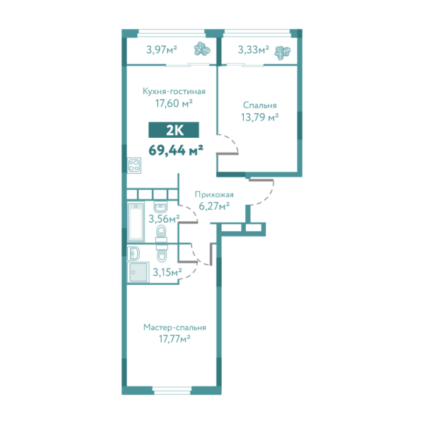 Новая 2-к квартира
 69.44 м² на 5/10 этаже в ЖК «Акватория» в городе Тюмень 