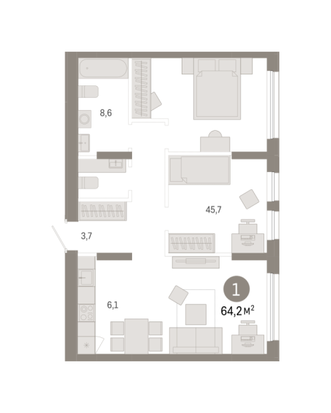 Новая 1-к квартира
 64.22 м² на 2/9 этаже в ЖК «Республики 205» в городе Тюмень 