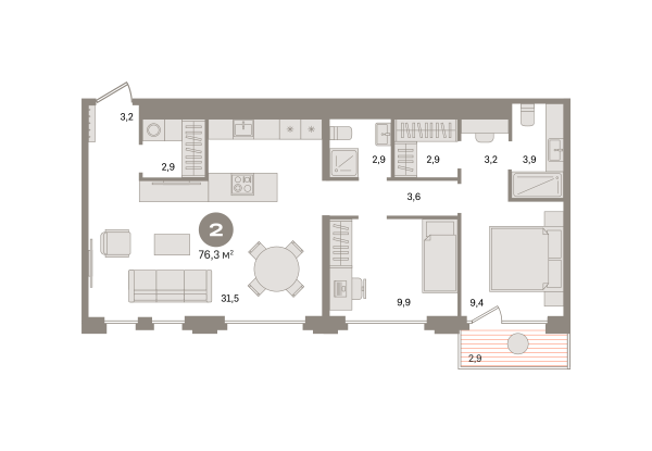 Новая 2-к квартира
 76.3 м² на 8/21 этаже в ЖК «Дом «А»» в городе Тюмень 