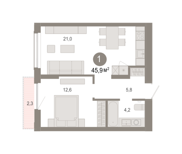 Новая 1-к квартира
 45.93 м² на 11/17 этаже в ЖК «Октябрьский на Туре» в городе Тюмень 