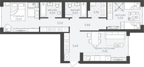 Новая 2-к квартира
 70.91 м² на 3/4 этаже в ЖК «Скандиа. Квартал у Озера» в городе Тюмень 