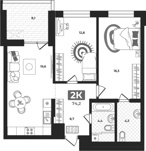 Новая 2-к квартира
 74.2 м² на 14/23 этаже в ЖК «Маэстро» в городе Тюмень 