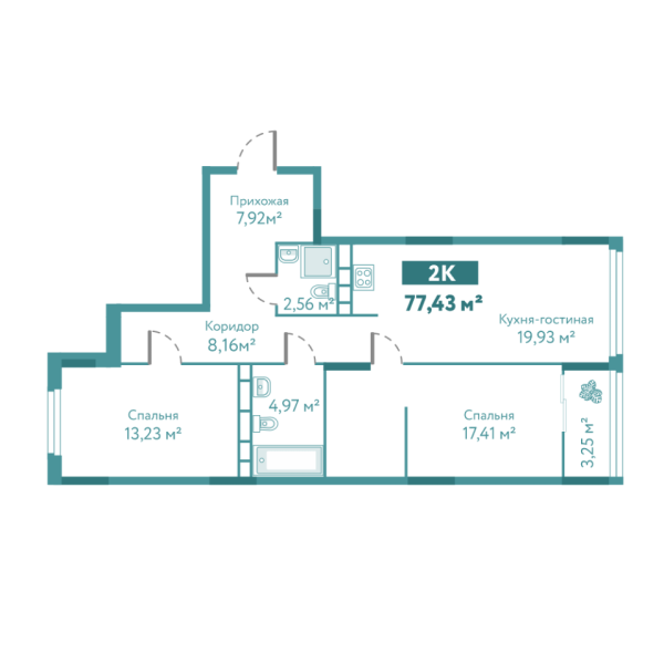 Новая 2-к квартира
 77.43 м² на 6/10 этаже в ЖК «Акватория» в городе Тюмень 