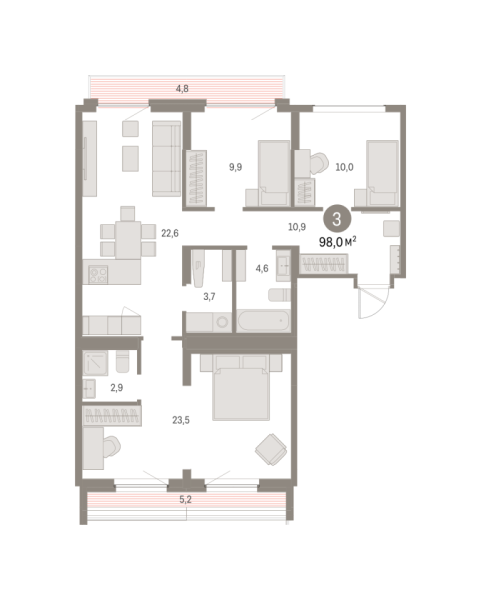 Новая 3-к квартира
 97.99 м² на 7/8 этаже в ЖК «Брусника в Академическом» в городе Тюмень 
