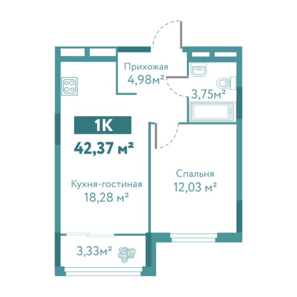 Новая 1-к квартира
 42.37 м² на 2/10 этаже в ЖК «Акватория» в городе Тюмень 