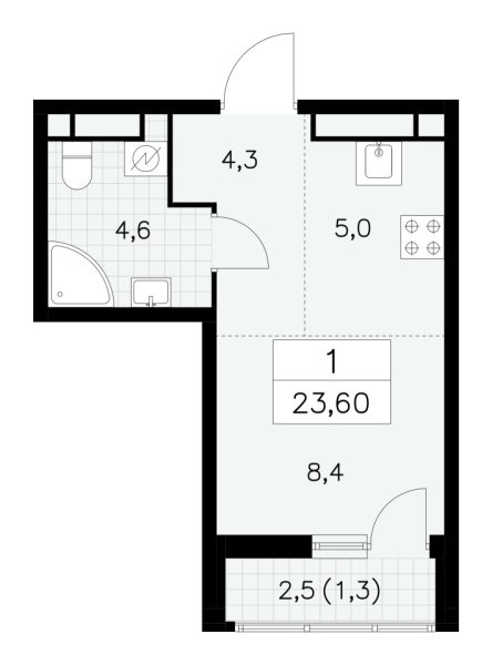 Новая 1-к квартира
 23.6 м² на 15/30 этаже в ЖК «Южные сады» в городе Тюмень 