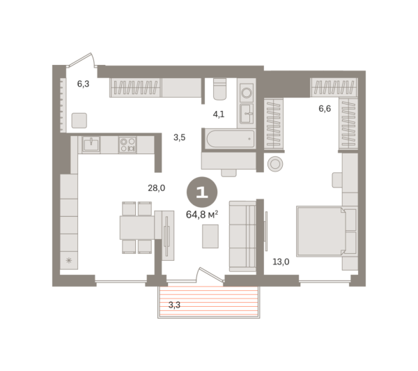 Новая 1-к квартира
 64.8 м² на 6/8 этаже в ЖК «Северный квартал» в городе Тюмень 