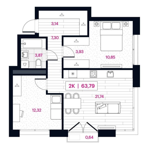 Новая 2-к квартира
 64.95 м² на 4/16 этаже в ЖК «Пушкина» в городе Тюмень 