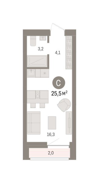 Новая квартира-студия
 25.5 м² на 3/10 этаже в ЖК «Речной порт» в городе Тюмень 