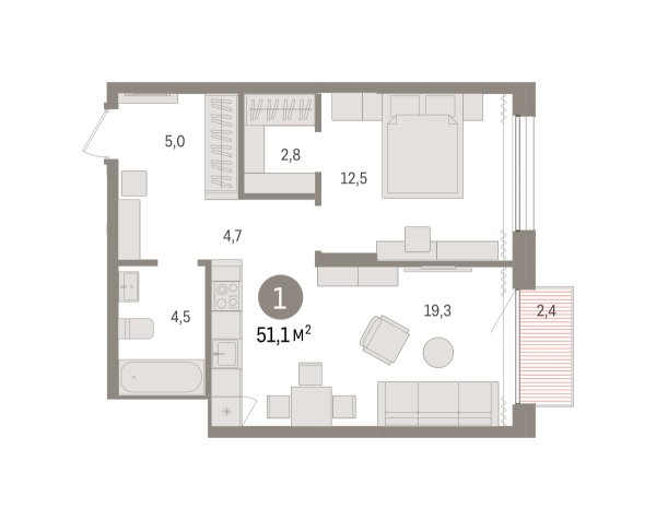 Новая 1-к квартира
 51.05 м² на 11/17 этаже в ЖК «Октябрьский на Туре» в городе Тюмень 