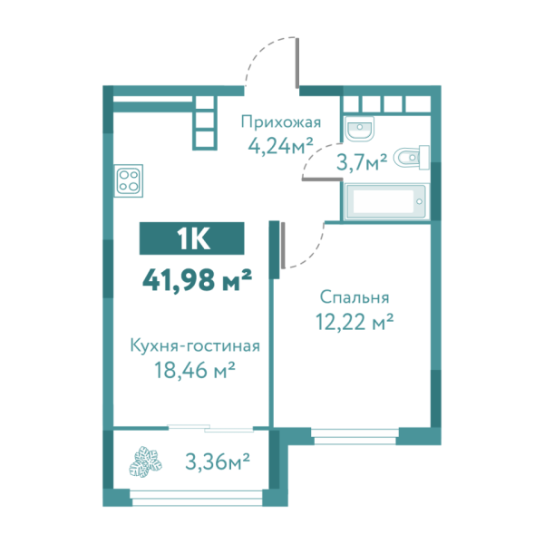 Новая 1-к квартира
 41.98 м² на 4/10 этаже в ЖК «Акватория» в городе Тюмень 