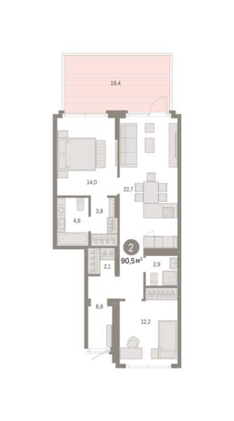 Новая 2-к квартира
 90.48 м² на 1/8 этаже в ЖК «Брусника в Академическом» в городе Тюмень 
