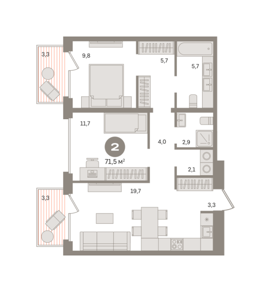 Новая 2-к квартира
 71.5 м² на 5/7 этаже в ЖК «Дом «А»» в городе Тюмень 