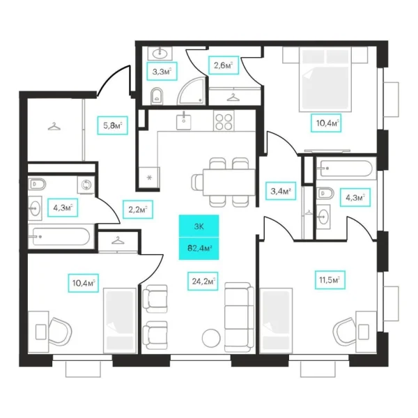 Новая 3-к квартира
 82.4 м² на 14/23 этаже в ЖК «Futuro» в городе Тюмень 