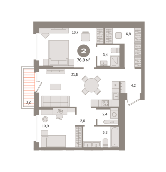 Новая 2-к квартира
 76.78 м² на 6/17 этаже в ЖК «Первый квартал» в городе Тюмень 