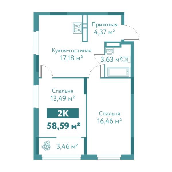 Новая 2-к квартира
 58.59 м² на 5/10 этаже в ЖК «Акватория» в городе Тюмень 