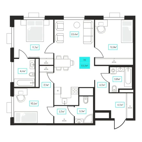 Новая 3-к квартира
 83.3 м² на 21/23 этаже в ЖК «Futuro» в городе Тюмень 