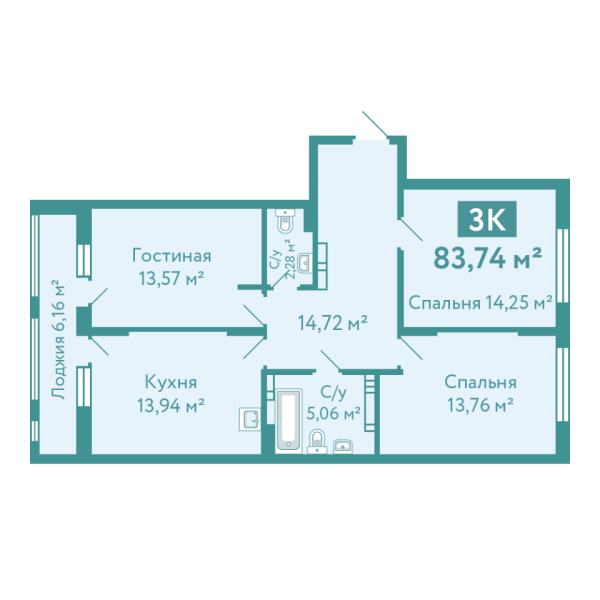 Новая 3-к квартира
 83.74 м² на 3/10 этаже в ЖК «Акватория» в городе Тюмень 