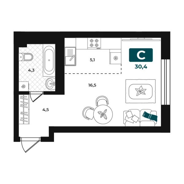 Новая квартира-студия
 30.4 м² на 9/23 этаже в ЖК «Добро» в городе Тюмень 