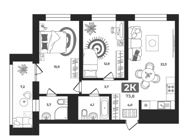 Новая 2-к квартира
 72.8 м² на 10/23 этаже в ЖК «Маэстро» в городе Тюмень 