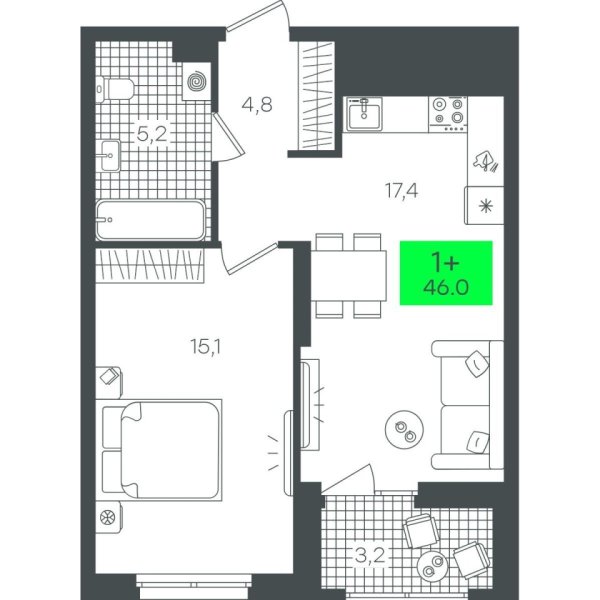 Новая 1-к квартира
 46.01 м² на 8/22 этаже в ЖК «Гранд Квартал» в городе Тюмень 