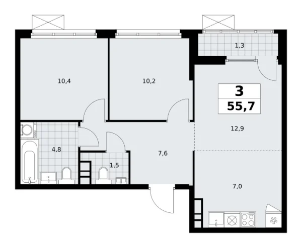 Новая 3-к квартира
 55.7 м² на 22/30 этаже в ЖК «Южные сады» в городе Тюмень 
