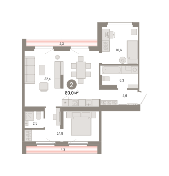 Новая 2-к квартира
 80.02 м² на 9/9 этаже в ЖК «Брусника в Академическом» в городе Тюмень 
