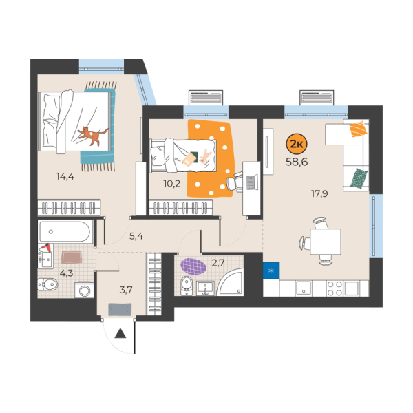 Новая 2-к квартира
 58.6 м² на 24/25 этаже в ЖК «Корней» в городе Тюмень 
