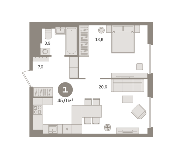 Новая 1-к квартира
 44.99 м² на 15/16 этаже в ЖК «Квартал Герцена» в городе Тюмень 