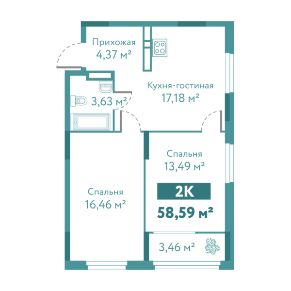 Новая 2-к квартира
 58.59 м² на 8/10 этаже в ЖК «Акватория» в городе Тюмень 