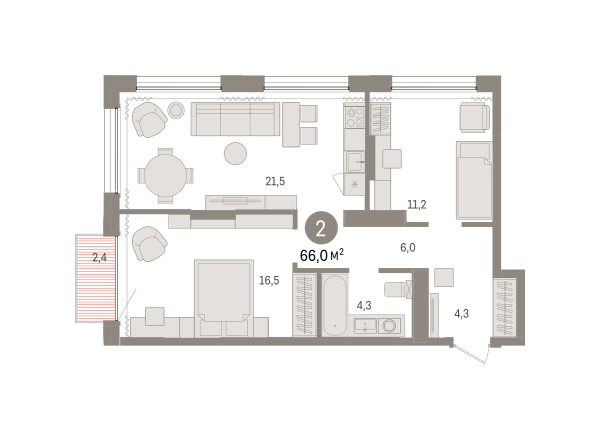 Новая 2-к квартира
 65.98 м² на 14/17 этаже в ЖК «Октябрьский на Туре» в городе Тюмень 
