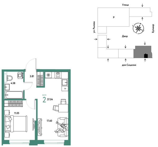 Новая 2-к квартира
 37.04 м² на 24/24 этаже в ЖК «Остров-сад» в городе Тюмень 
