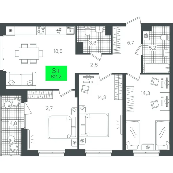 Новая 3-к квартира
 82.24 м² на 8/22 этаже в ЖК «Гранд Квартал» в городе Тюмень 