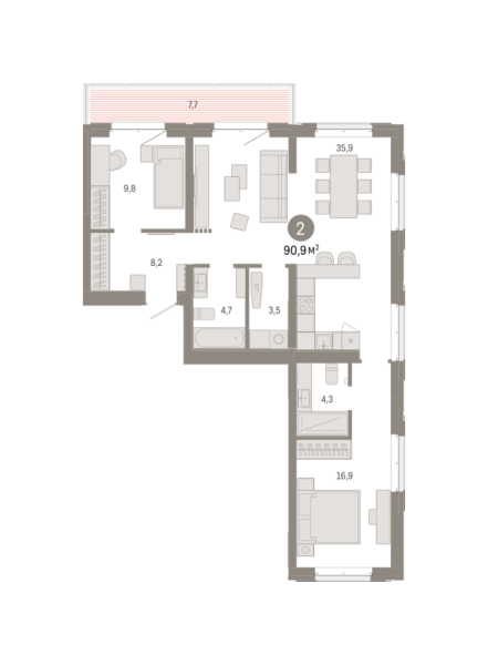 Новая 2-к квартира
 90.9 м² на 3/7 этаже в ЖК «Кварталы «На Минской»» в городе Тюмень 