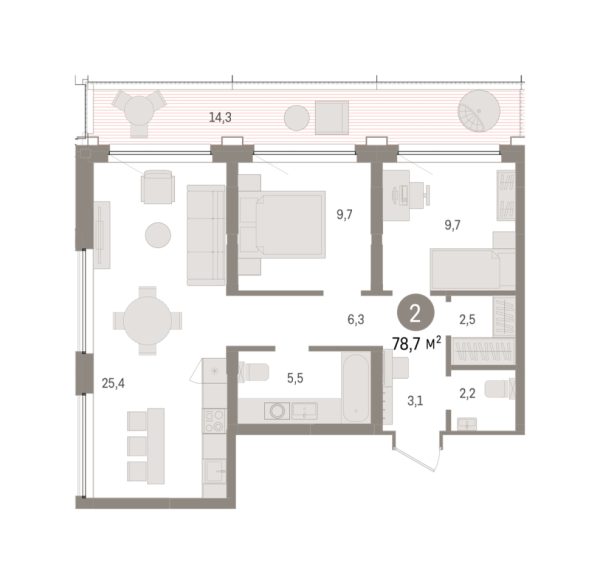 Новая 2-к квартира
 78.68 м² на 5/9 этаже в ЖК «Речной порт» в городе Тюмень 