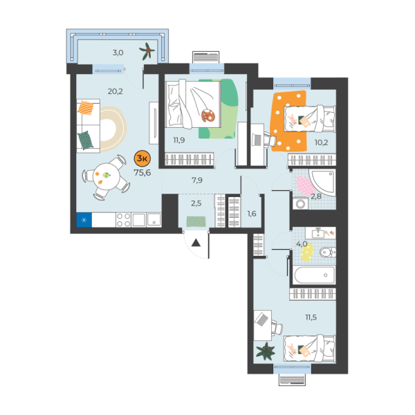 Новая 3-к квартира
 72.6 м² на 9/25 этаже в ЖК «Корней» в городе Тюмень 