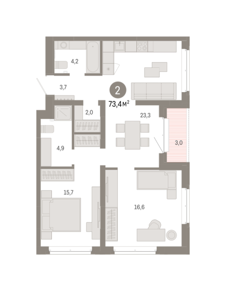 Новая 2-к квартира
 73.37 м² на 5/7 этаже в ЖК «Кварталы «На Минской»» в городе Тюмень 