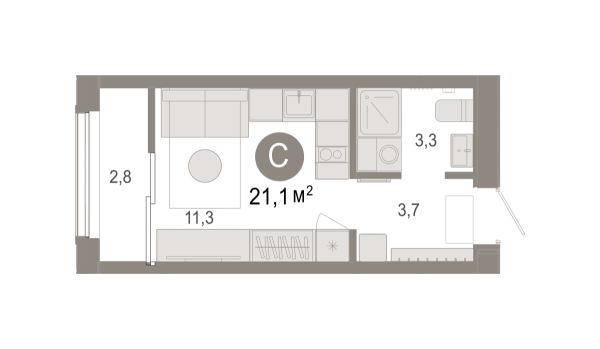 Новая квартира-студия
 21.14 м² на 12/17 этаже в ЖК «Октябрьский на Туре» в городе Тюмень 